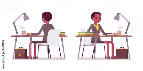Set of female teacher working at desk rear, front view
