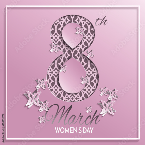 Vector illustration of International women s day  8 March holiday greeting card with floral and butterfly pattern design and brown background with paper cut ornament.