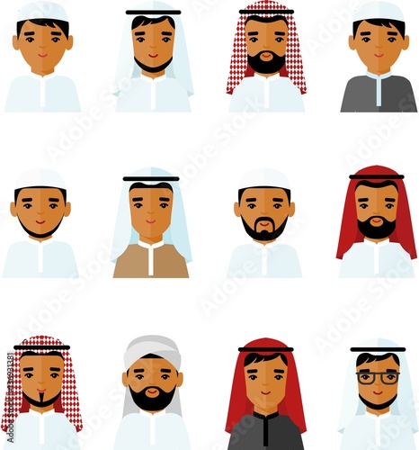 Set of avatar arab business man in flat colorful style.
Occupation avatars of arabic man in national costumes.
