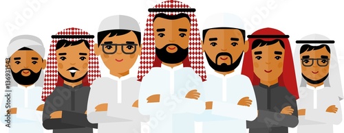 Set of cartoon arab business man in different poses.
Сoncept of diversity muslim businessman in national costumes.