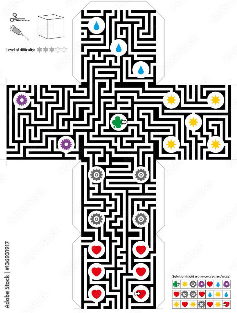 Cube with maze, template of a cubic labyrinth. Print on heavy paper, cut it out, make a 3d dice and find the way trough it from the cloverleaf to the 6th heart. Solution of the passed icons downright. Cube with maze, template of a cubic labyrinth. Print on heavy paper, cut it out, make a 3d dice and find the way trough it from the cloverleaf to the 6th heart. Solution of the passed icons downright.