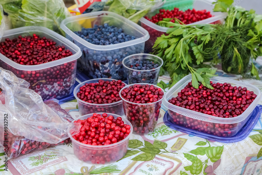 Various wild berries are offered for sale, Tanana Valley Famers Market, Fairbanks, Alaska