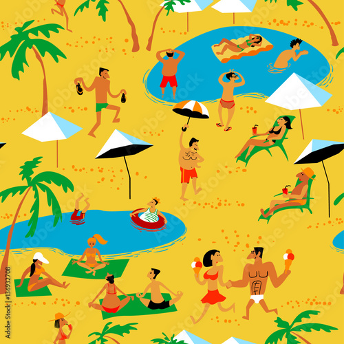 Summer beach people seamless pattern. Tropical background with relaxing crowds of people