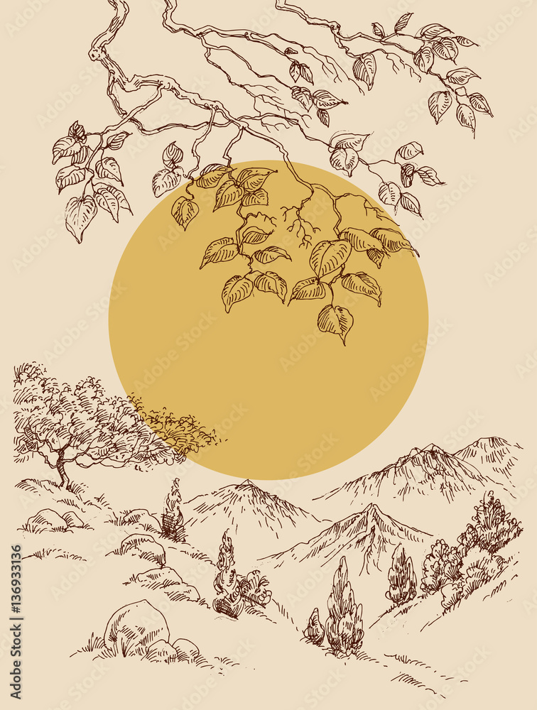 Obraz premium Sketched landscape, beautiful garden panorama