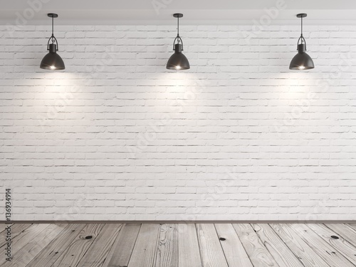 Fototapeta Naklejka Na Ścianę i Meble -  brick wall room with hanging lamps and wood floor