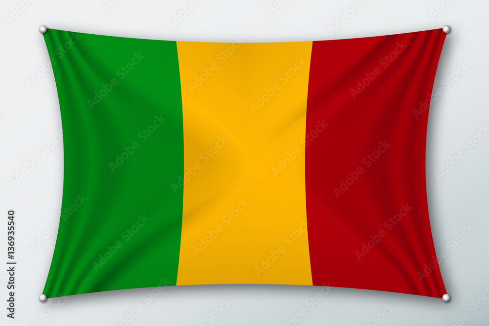 Mali national flag. Symbol of the country on a stretched fabric with waves attached with pins. Realistic vector illustration.