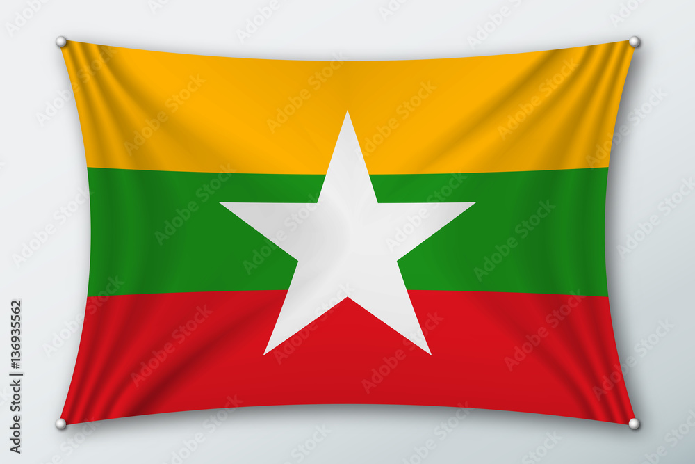 Myanmar national flag. Symbol of the country on a stretched fabric with waves attached with pins. Realistic vector illustration. Myanmar national flag. Symbol of the country on a stretched fabric with waves attached with pins. Realistic vector illustration.