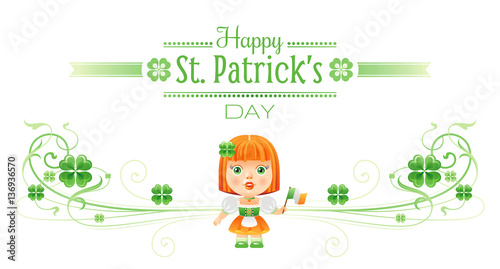 Happy Saint Patrick day border banner, isolated white background. Irish shamrock clover, green leaf frame, text lettering, baby girl dress icon. Traditional Northern Ireland celtic poster