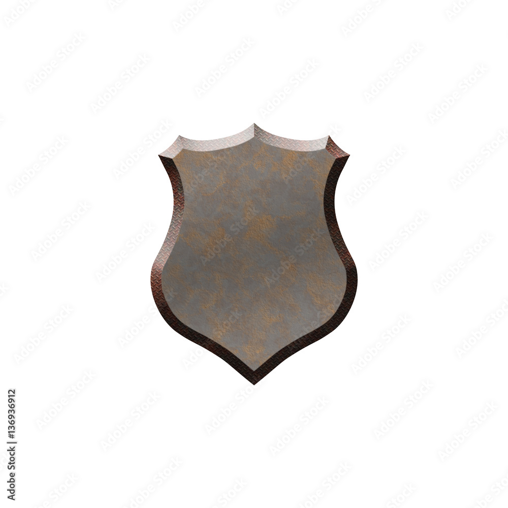 Rusted metal badge in form of shield.