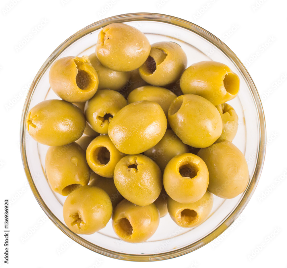olives in a transparent glass bowl, top view olives in a transparent glass bowl, top view