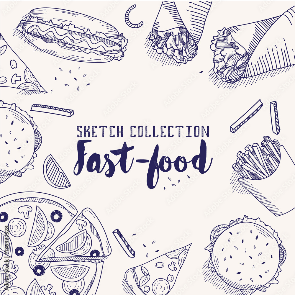 Fast food vector sketch set. Hand drawn design elements. Stock Vector ...