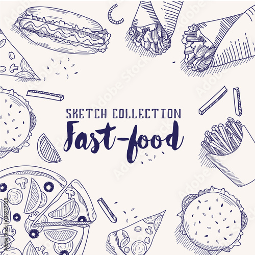 Fast food vector sketch set. Hand drawn design elements.