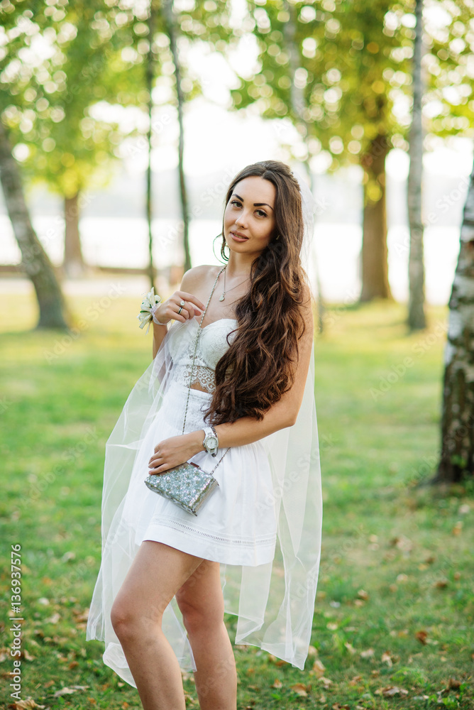 Portrait of brunette girl wearing on white dress with purse agai Portrait of brunette girl wearing on white dress with purse agai