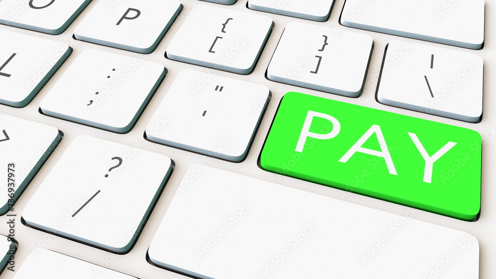 Computer keyboard and green pay key. Conceptual 3D rendering Computer keyboard and green pay key. Conceptual 3D rendering