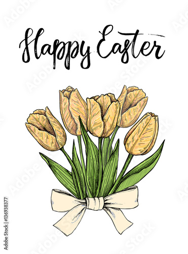 Hand drawn vector illustration. Happy Easter! Spring tulips. Per