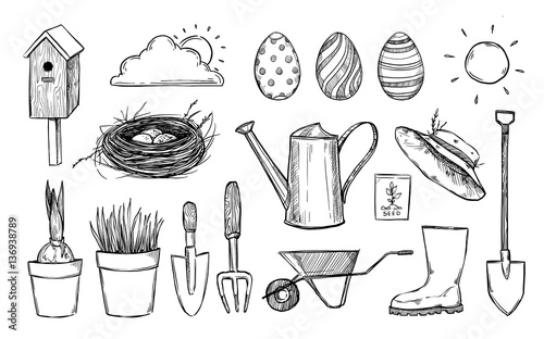 Hand drawn vector illustration. Garden collection (birdhouse, ne