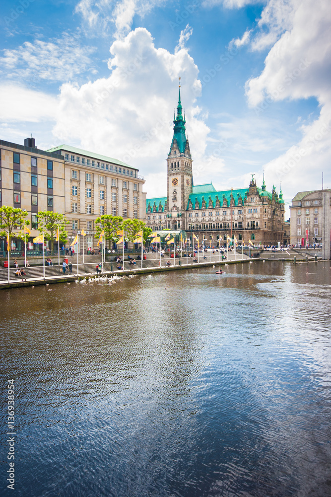 Hamburg city center with town hall and Alster river, Germany