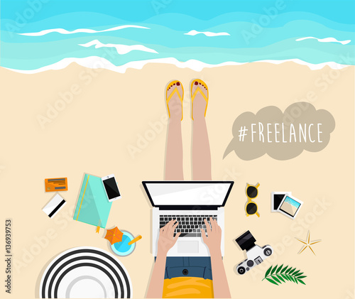 Blogger on the sea. Follow me hand drawn inscription. Vector illustration flat design. . Concept blogging. Freelance. Work on Internet. Shares information. Working process.