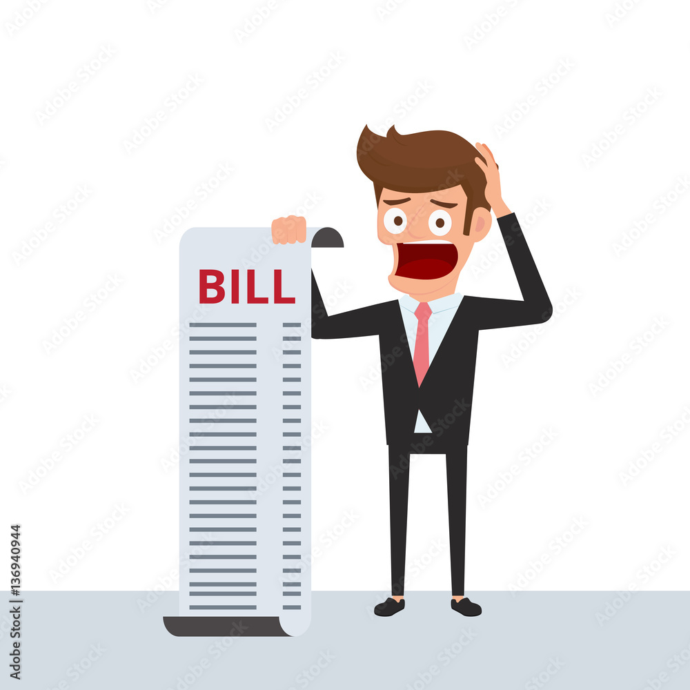 Businessman holding bills feels headache and worries about paying a lot of bills. Businessman no money. Debt concept. Cartoon Vector Illustration. Businessman holding bills feels headache and worries about paying a lot of bills. Businessman no money. Debt concept. Cartoon Vector Illustration.