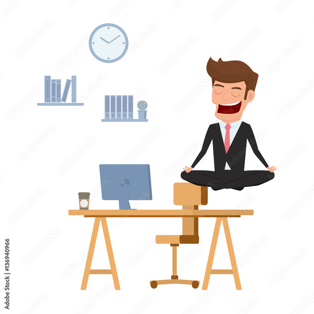 Businessman meditating in peace over the office table. Time management,  stress relief and problem solving concepts. Cartoon Vector Illustration.  Stock-Vektorgrafik | Adobe Stock