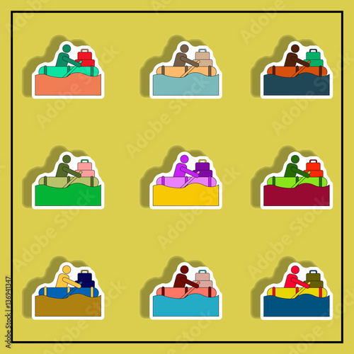 Vector illustration collection in sticker design of man on raft in flood