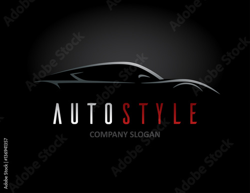 Auto style car logo design with concept sports vehicle icon silhouette on black background. Vector illustration.