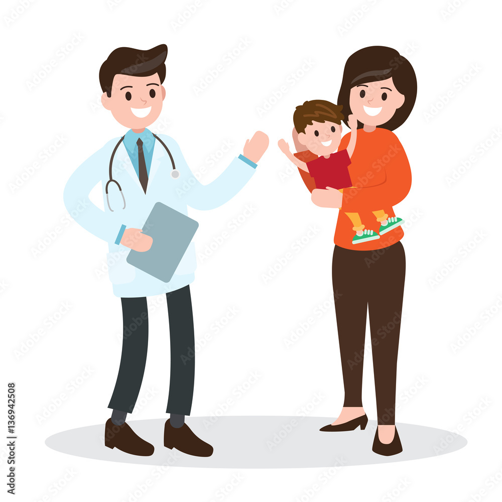 health caring of the child. pediatrician and mother with son. vector illustration on white background.