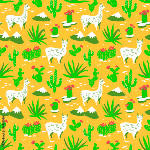Seamless pattern with alpaca and cactus. Vector background with llama and desert plants © gollli