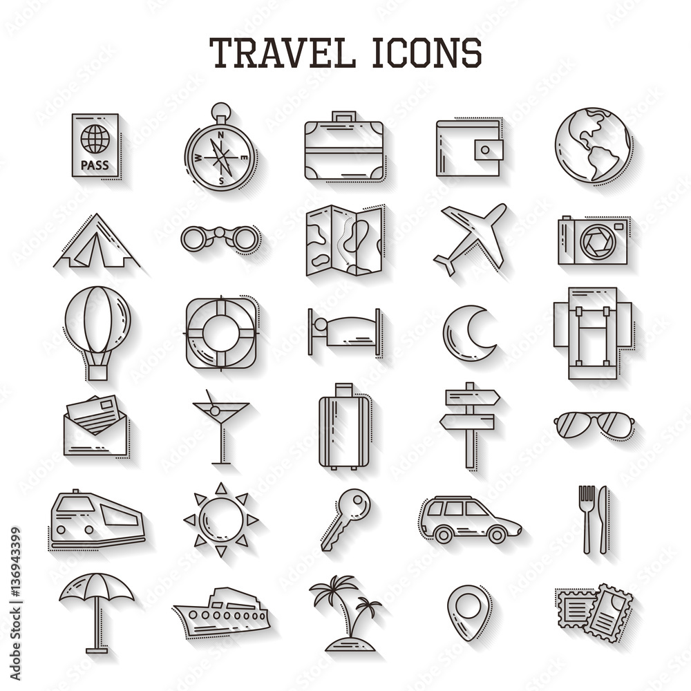 Travel line icons with shadow vector set isolated on white background ...