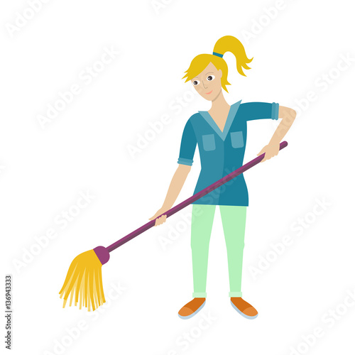 Female Worker of Cleaning Company with Broom.