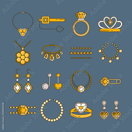Set of vector jewelry line icons. Diamond luxury collection in golden colors isolated. Ring necklace earrings chain diadem silhouette. Pearl gold crystal sapphire element. Treasure collection.