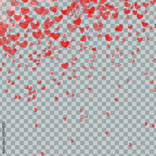 Heart confetti of Valentines petals falling on transparent background. Flower petal in shape of heart confetti