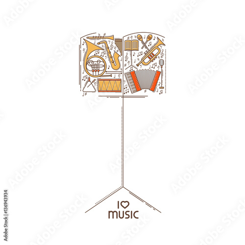 Flat line music icon set in music stand shape. Vector concept. Modern illustration. Vintage background design. Retro creative sound cover. Musical instrument collection