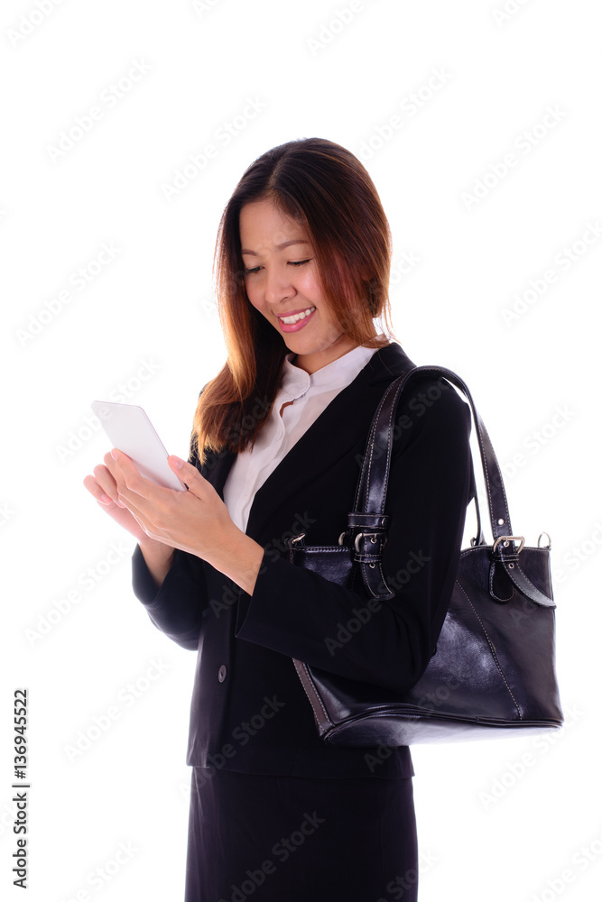 Smiling business woman using smartphone on white background. Smiling business woman using smartphone on white background.