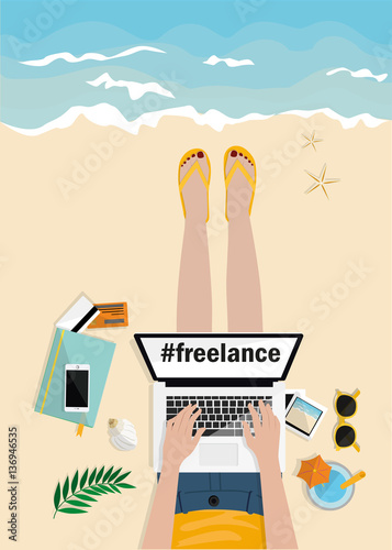 Freelance concept. Girl laying on the beach and typing on laptop. Top view. Hand drawn vector illustration. Workplace with mobile, notebook, camera, pictures and credit cards on beach. Work and rest.