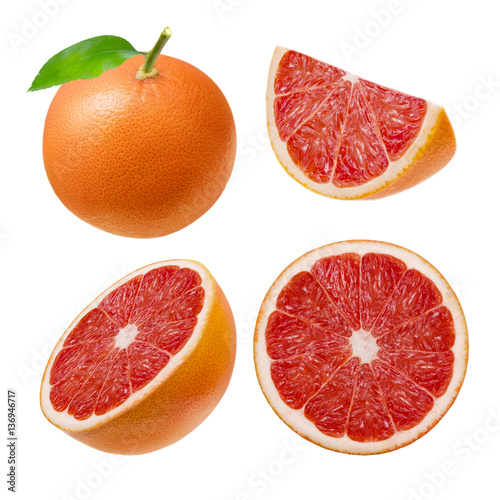 Grapefruit. Whole, slice, half, circle, isolated on white background. Clipping path