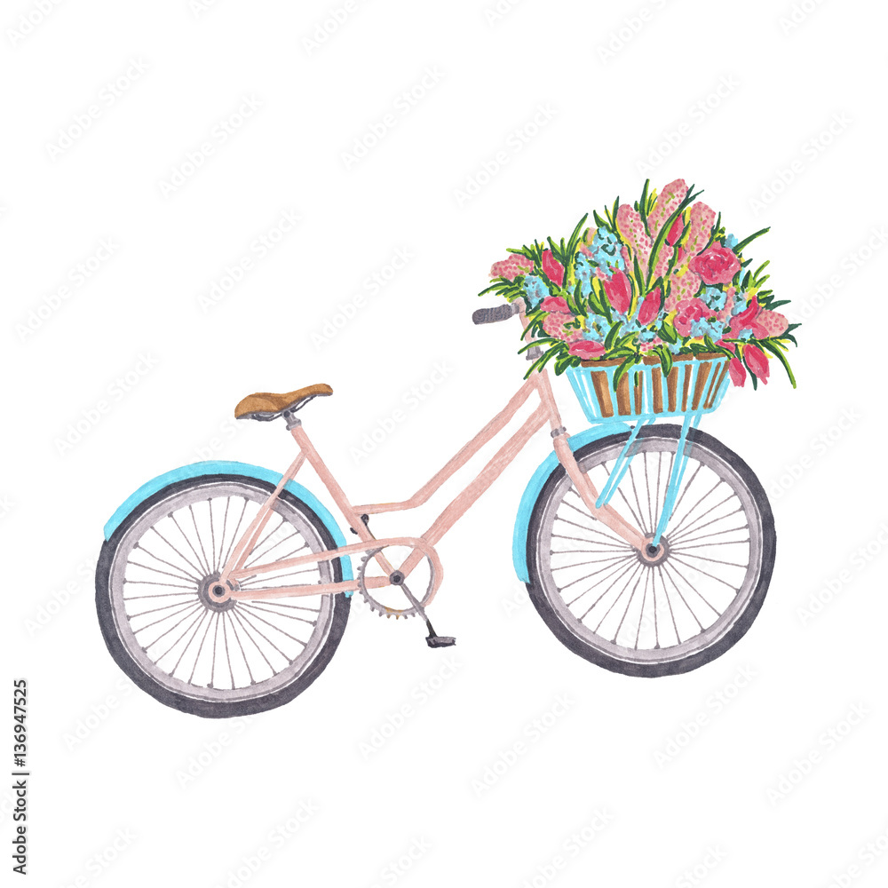Hand-Painted Bycicle Spring Floral Illustration