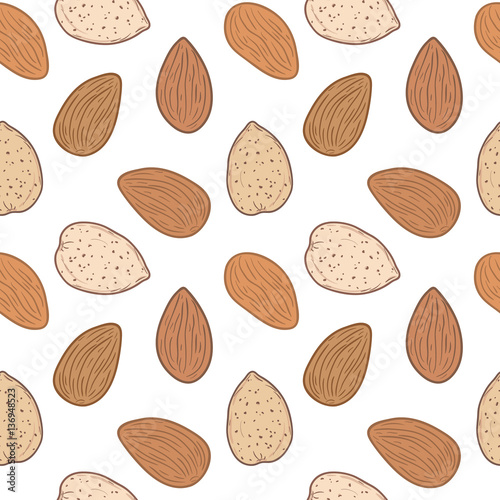 Seamless pattern with almond nuts. Whole and shelled almond nuts on white background. Hand drawn vector seamless pattern, eps10. For backgrounds, packaging, labels and other designs.