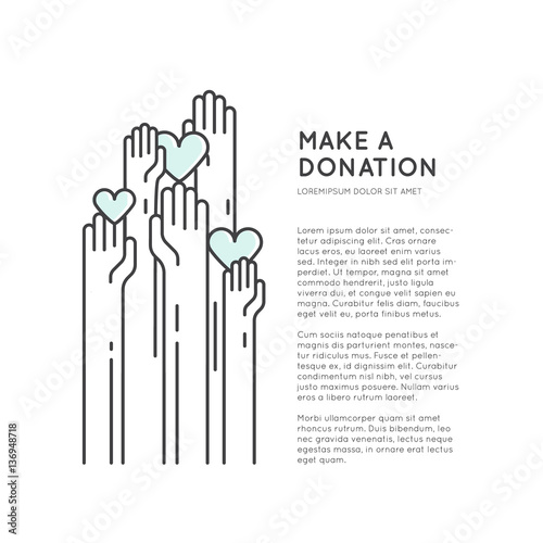 Vector Icon Style Illustration Card or Poster Template with Charity and Fundraising Objects. Volunteer Poster. Rising Hands for Help, Funsraising Event Brochure Template