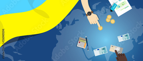 Ukraine economy fiscal money trade concept illustration of financial banking budget with flag map and currency