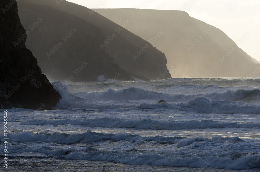 Waves crash in off the Atlantic at Porthtowan, Cornwall