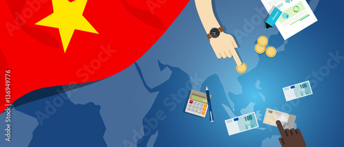 Vietnam economy fiscal money trade concept illustration of financial banking budget with flag map and currency