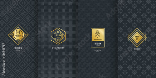 Collection of design elements, labels,icon and frames for packaging and design of luxury products.Made with golden foil Isolated on black background. vector illustration
