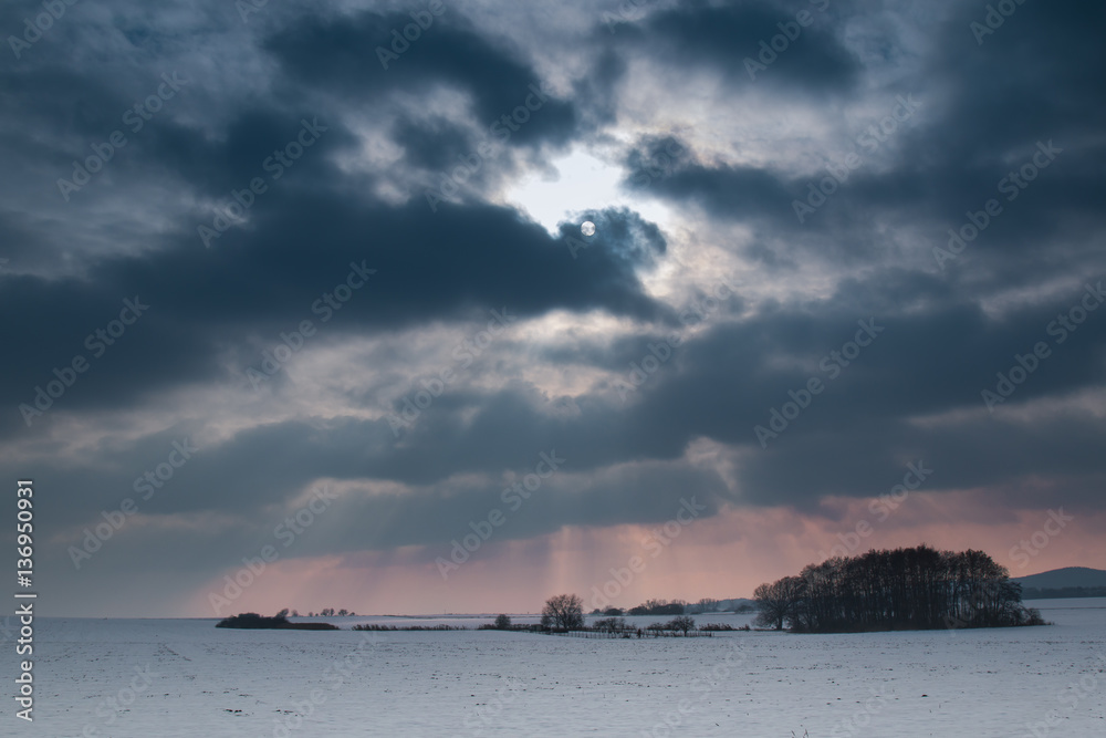 Winter evening landscape in Moravia, Czech republic