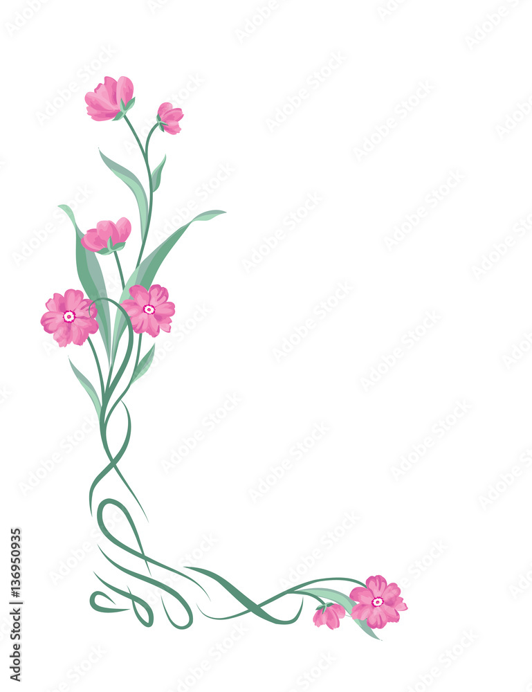 Floral bouquet frame. Swirl vignette border with flowers. Nature decor background