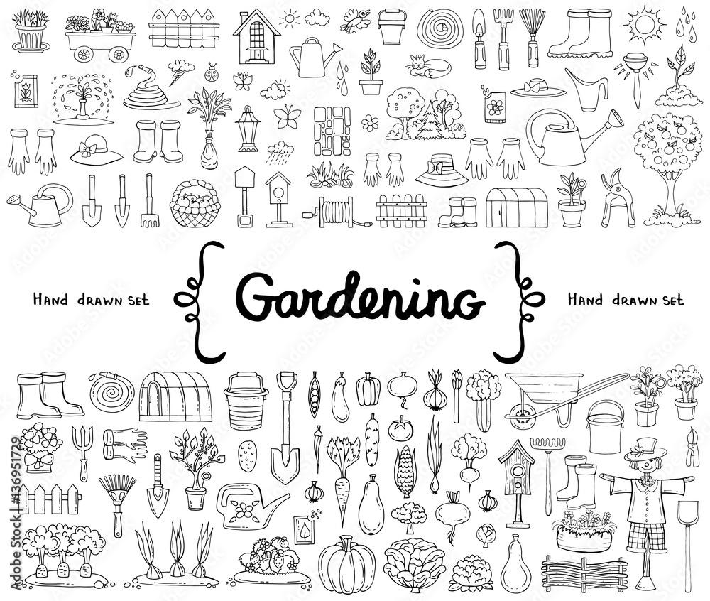 Vector set with hand drawn isolated doodles on the  theme of gardening, garden tools, agriculture, harvest