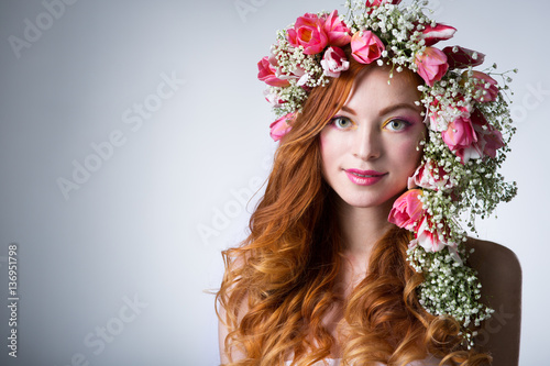 woman with wearing a wreath of tulips