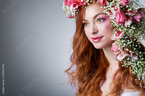 woman with wearing a wreath of tulips