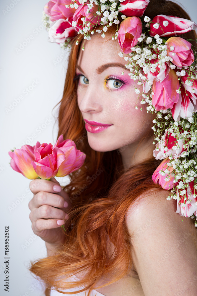 woman with wearing a wreath of tulips woman with wearing a wreath of tulips
