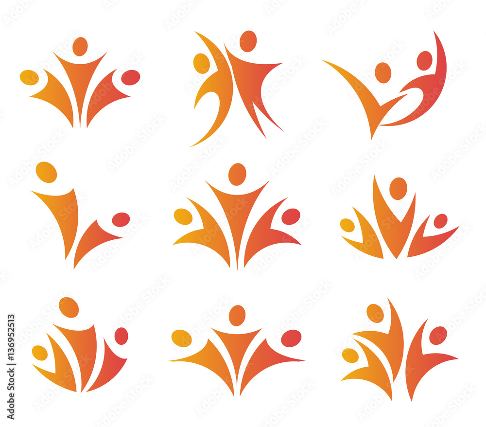 Isolated abstract orange color people unity logos set on white